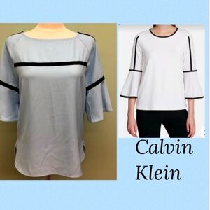 Calvin Klein $80 Bell Sleeve Contrast Trim Blouse Light Blue Black Stripe LG NEW